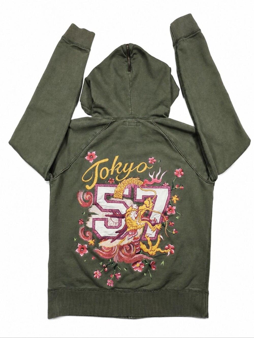 Lucky Brand Y2K Tokyo 57 Dragon Embroidered Zip Hoodie Olive Small